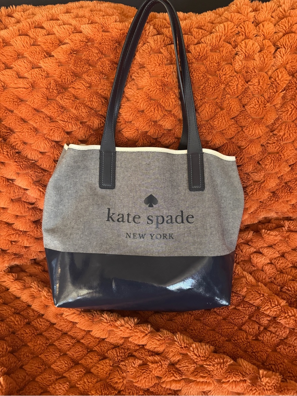 kate spade Gray Canvas Tote with Navy Patent Base